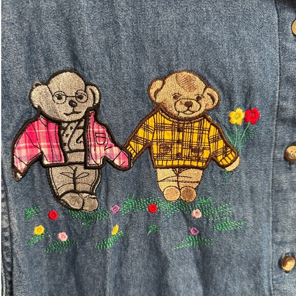 Cami Rose Denim‎ Shirt Teddy Bear Embroidered Button Up Short Sleeve Top - Picture 2 of 8